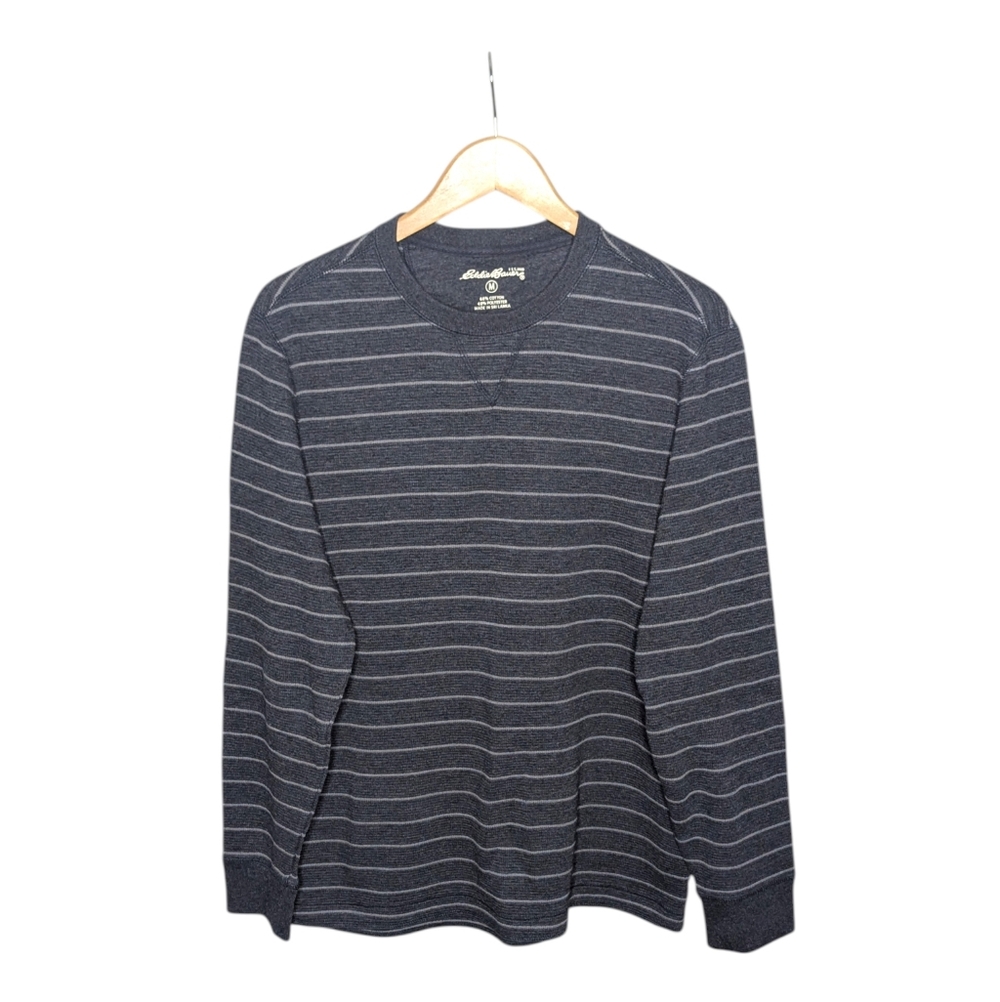 Eddie Bauer Long Sleeve Shirt Men's M Gray Striped Thermal Waffle Knit Crewneck